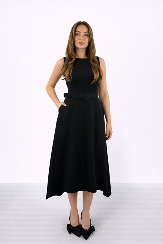 Black Asymmetrical Hem Atlas Dress