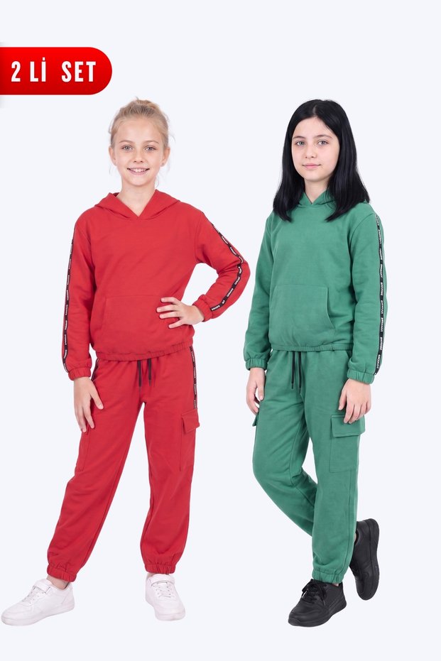 2-Piece Girls' Striped Detailed Cargo Pocket Hooded 4-Piece Tracksuit Set