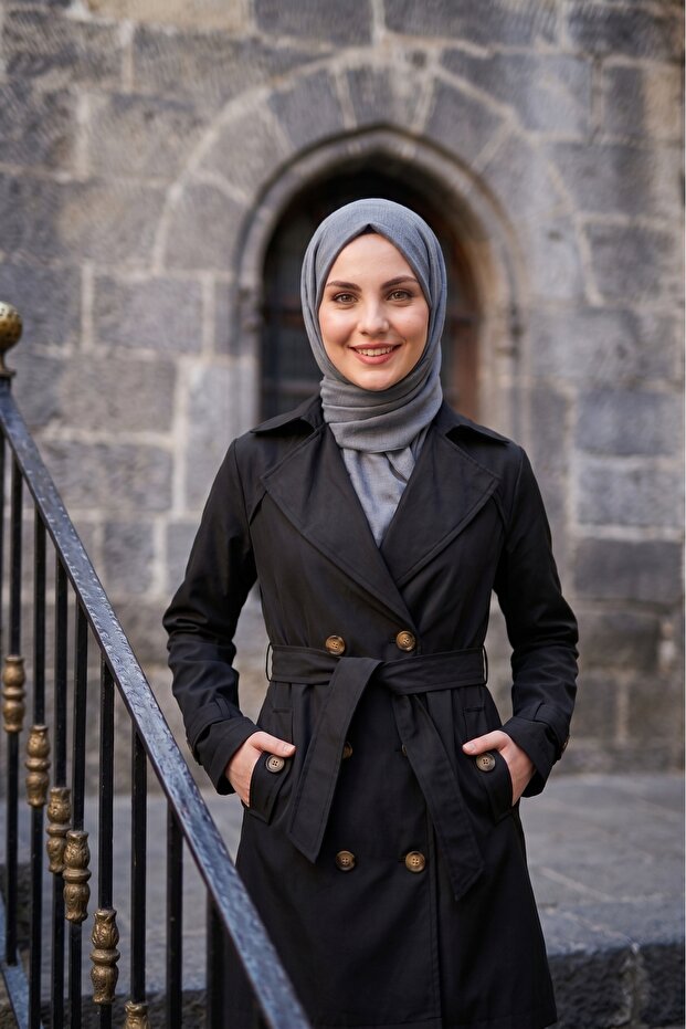 Women's Degaje Collar Half-Length Hijab Lined Belted Water-Repellent Fabric Trench Coat Black