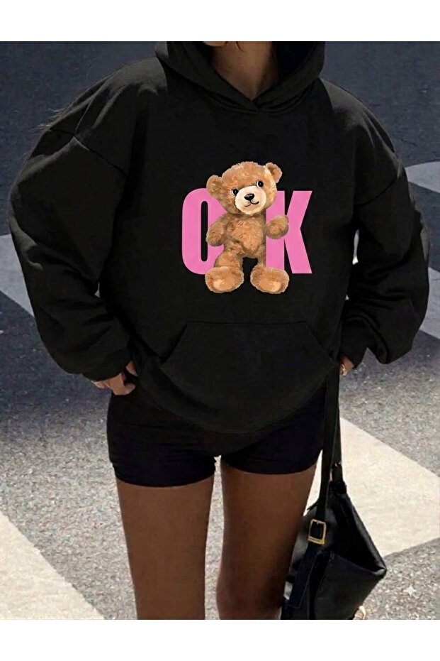 Unisex Colorful Arrow Bear Printed Hooded Sweatshirt