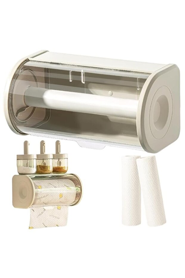 Covered Paper Towel Holder – Space-Saving Transparent Enclosed Design, Dustproof, No Drilling Required, Ideal for Kitchen, Car, and Camping – Includes Super Adhesive Stickers – Gray