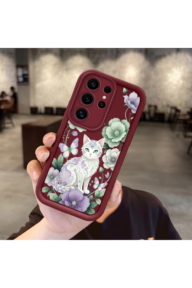 Samsung Galaxy S24 Ultra Compatible Case Camera Protective Case with Cat Design Burgundy Lover Couple Silicone Phone Case