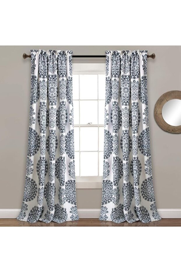 Lush Decor 16T004086, Navy Evelyn Medallion Room Darkening Window Curtain Panel Pair, 84" x 52" + 2" Header