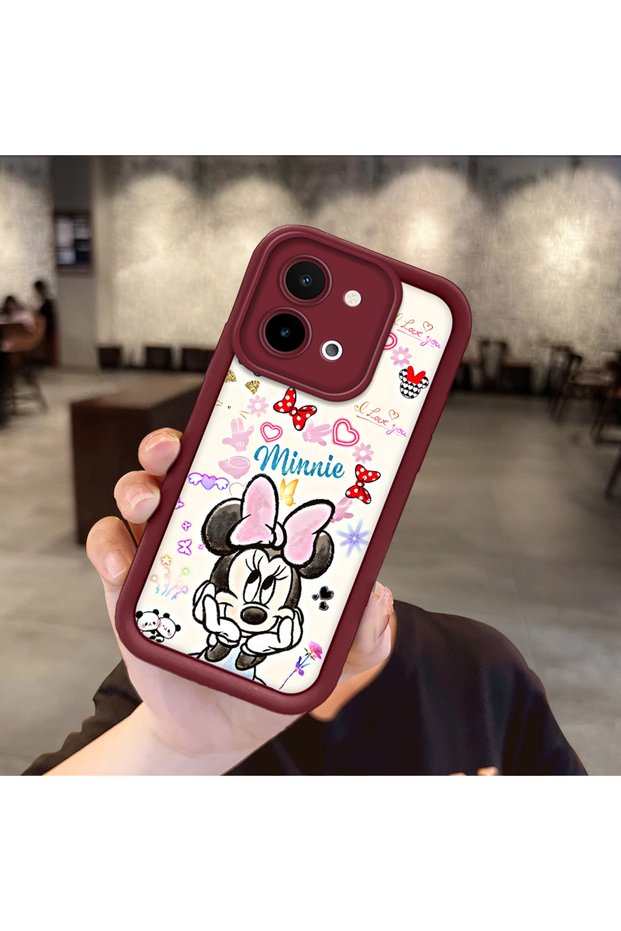 Vivo Y28 Compatible Case Camera Protector Minnie Pattern Burgundy Lover Couple Silicone Phone Case
