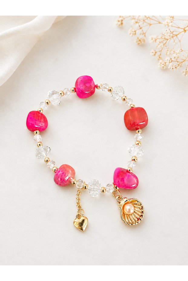 Fuchsia Agate Natural Stone Gold Bracelet with Mussel and Heart Charm Detail