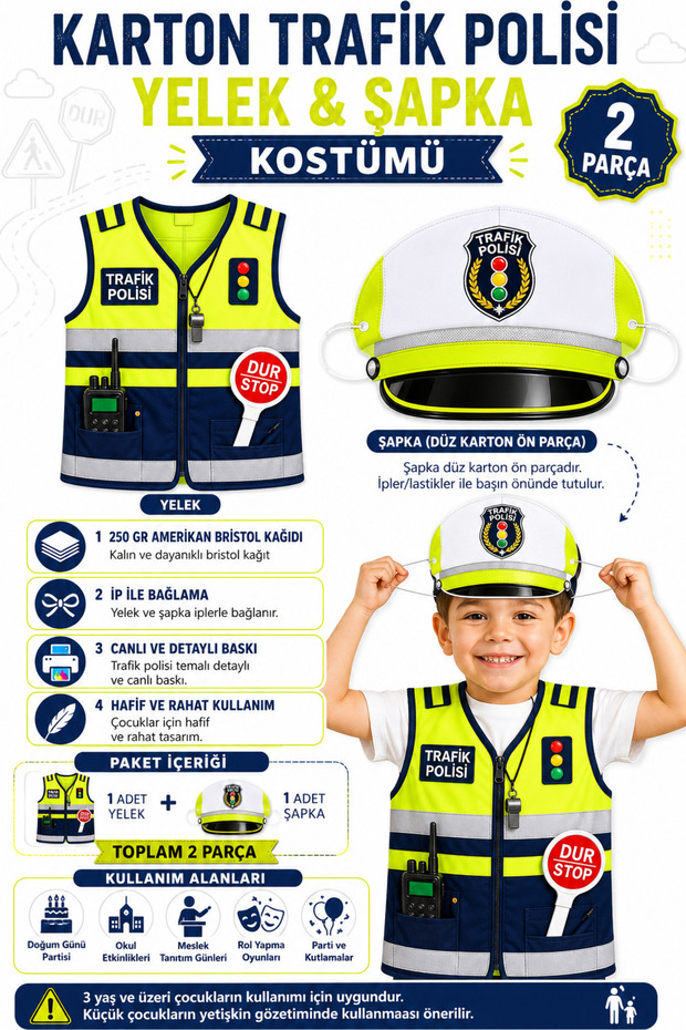 Children's Traffic Police Costume 2-Piece Cardboard Vest and Hat Set – School Performance Costume with Drawstring Fastening