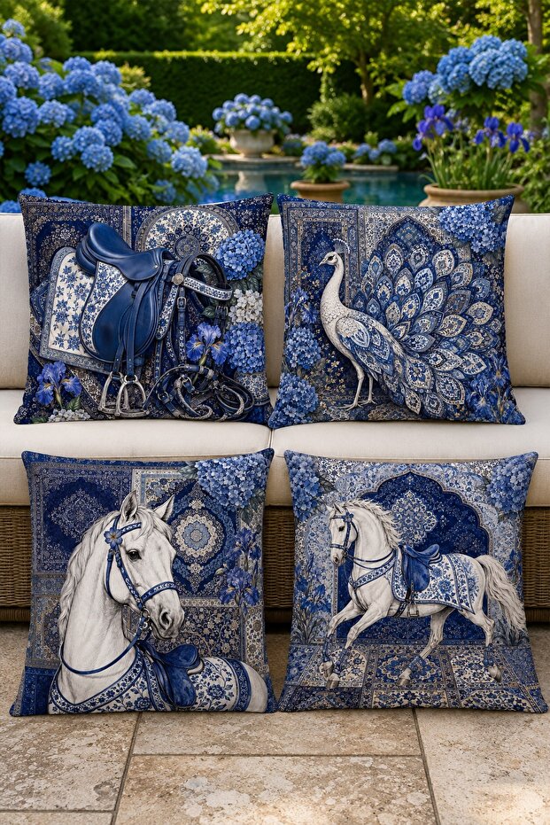 Authentic Patterned Horse and Peacock Patterned Set of 4 Throw Pillow Covers