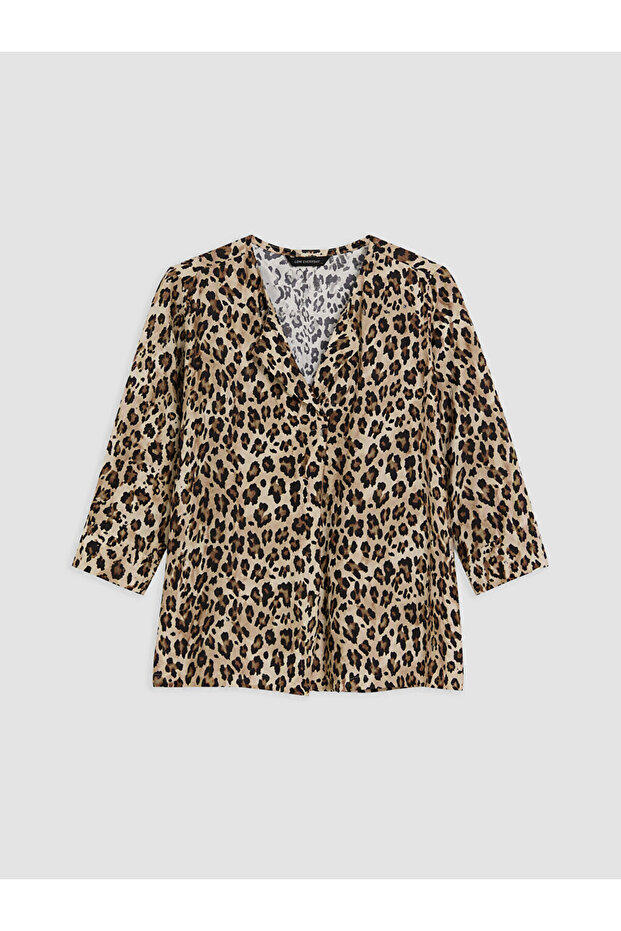 Brown V-Neck Leopard Print Blouse