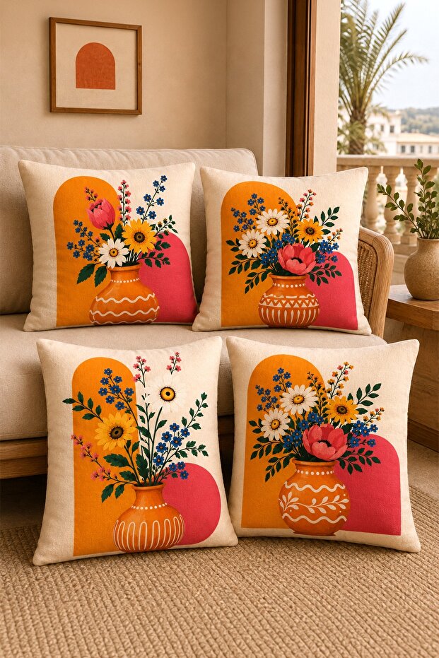Flowers in a Vase Patterned 4-Piece Throw Pillow Cover Set