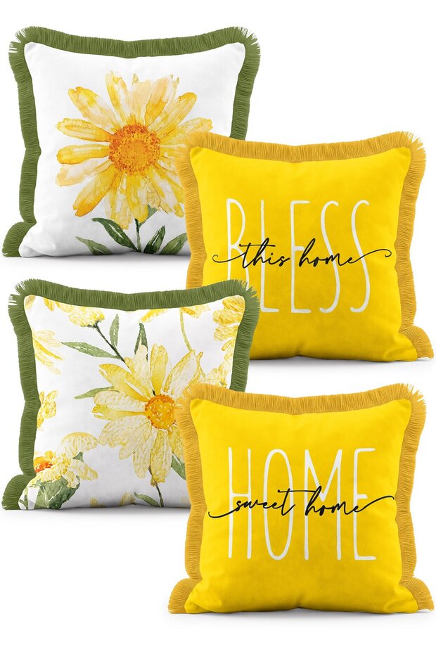 Set of 4 Fringed Throw Pillow Covers with Yellow Daisy Pattern and "Home Sweet Home" Written