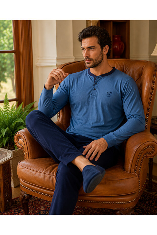 Men's Long Sleeve Pajama Set with Arma Detail, 100% Cotton