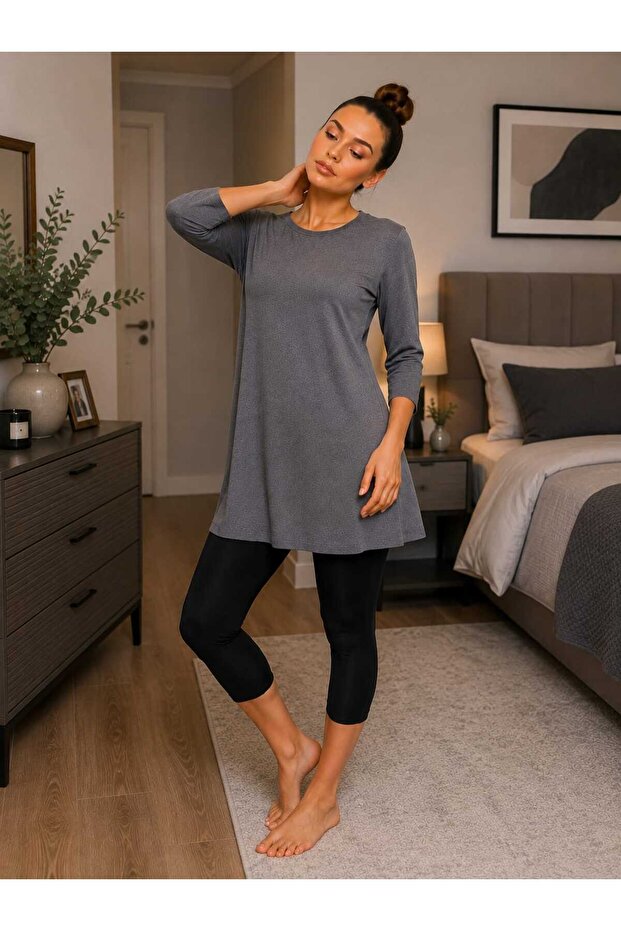 Women's Anthracite Capri Sleeve Cotton Crew Neck Combed Tunic Ysn-1