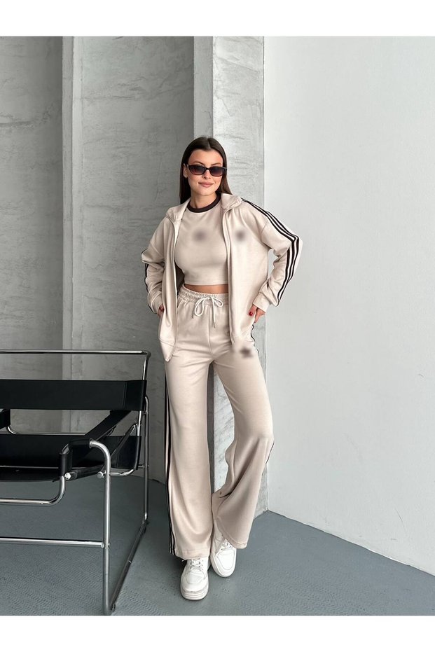 Women's New Season 3-Piece Crop Top, Zippered Front, Beige Striped Modal Tracksuit Set