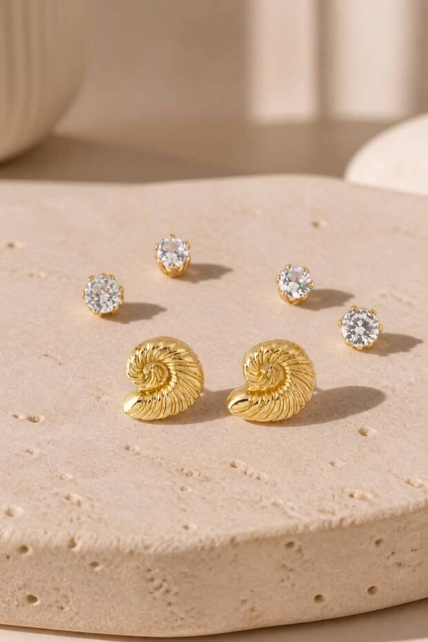 Set of 3 Brass Earrings with Sea Shell and Zircon Stones - Assorted Size Solitaire Stud Earrings