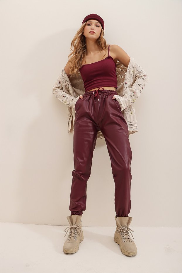 Women's Burgundy Double Pocket Waist and Wrist Elastic Casual Faux Leather Trousers ALC-X7329