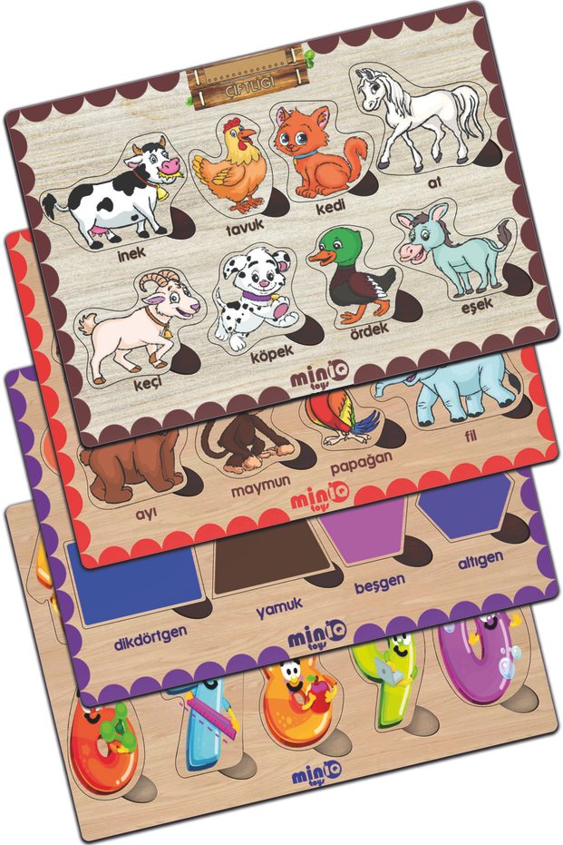 Wooden Turkish Farm Animal.+forest Animal.-shapes-numbers Set of 4 Educational-tutorial Puzzle