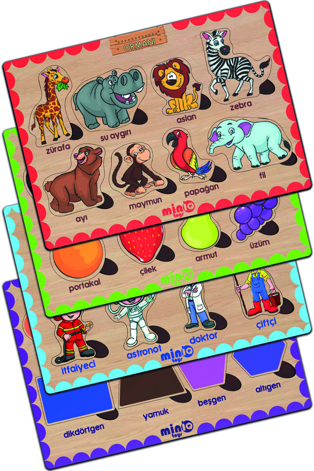 Wooden Turkish Forest Animals-fruits-professions-shapes Set of 4 Educational-tutorial Puzzle