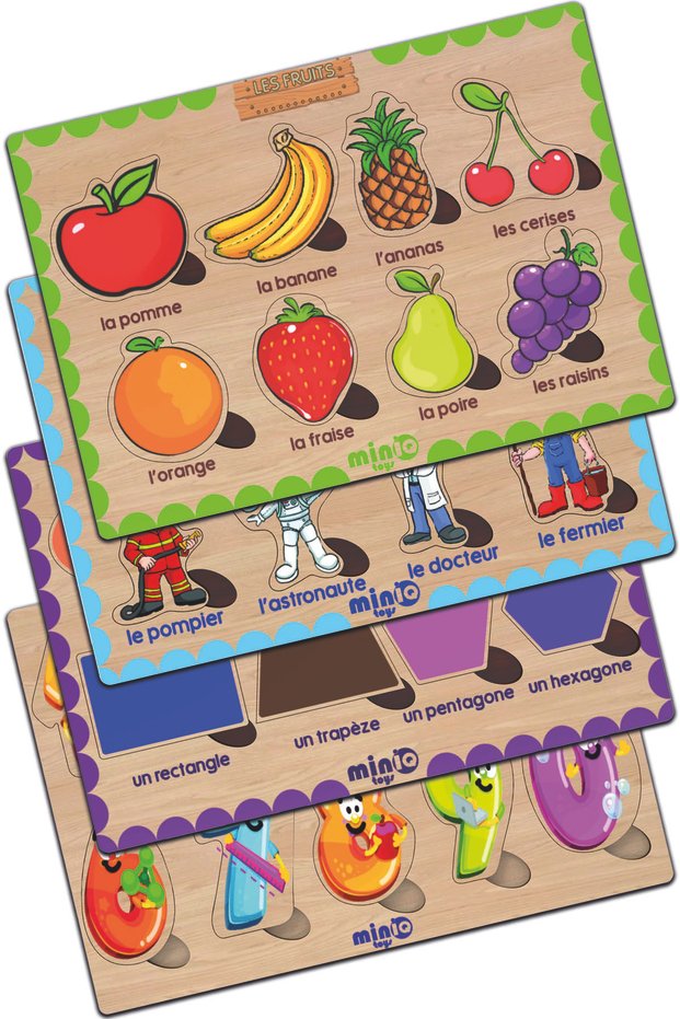 Wooden French Fruits-professions-shapes-numbers Set of 4 Educational Puzzle