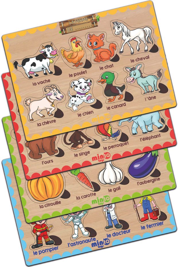 Wooden French Farm Animals-forest Animals-vegetables-professions Set of 4 Educational Puzzle