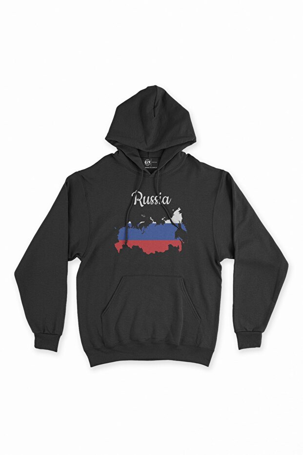 Black Hooded Sweatshirt Hoodie with Russia Map and Flag