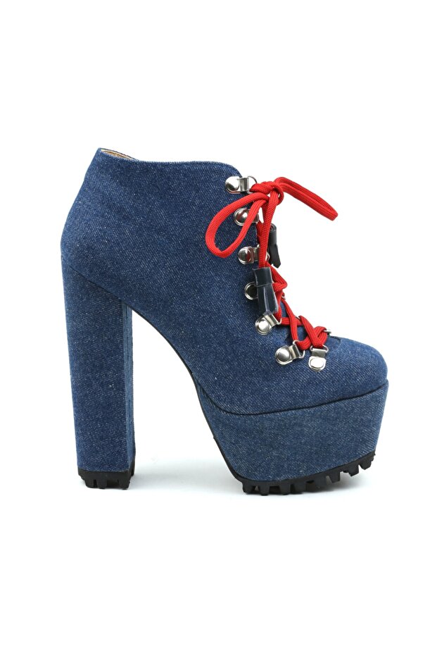 Kadın Mavi Kot Kumaş Yüksek Kırmızı Bağcıklı Bootie - 1