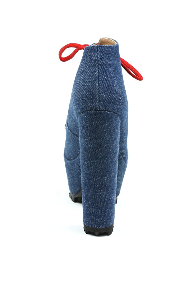 Kadın Mavi Kot Kumaş Yüksek Kırmızı Bağcıklı Bootie - 3
