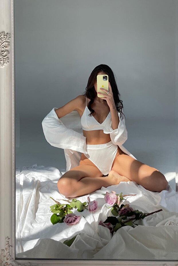 Kadın Beyaz Yüksek Bel Dolgusuz Slip Takım - 6