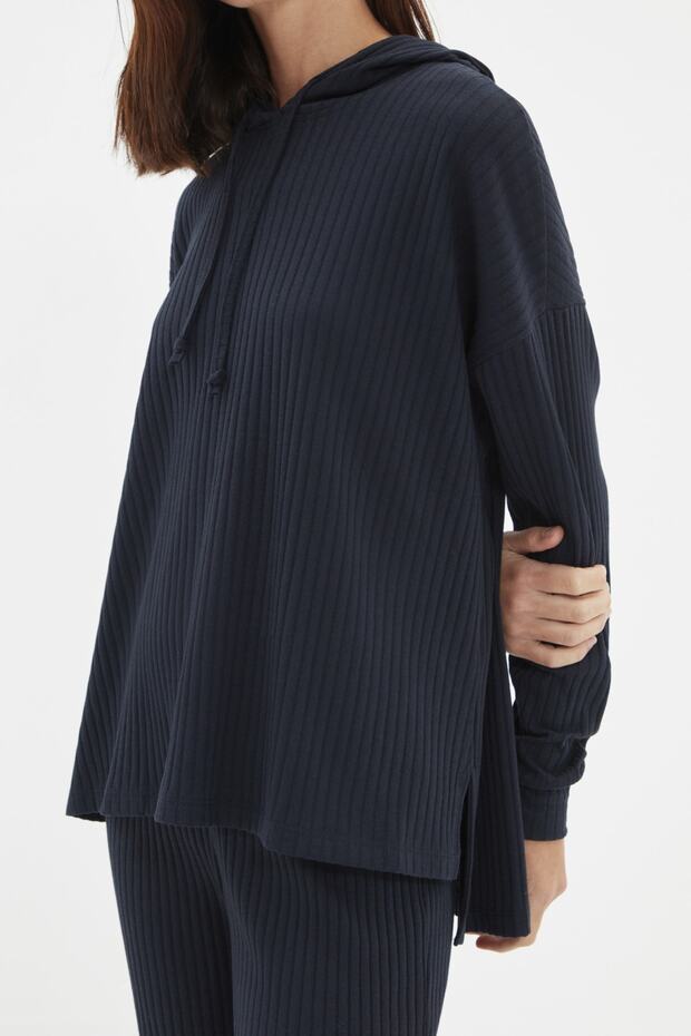 Lacivert Kapüşonlu Fitilli Örme Pijama Takımı THMAW22AU0334 - 5