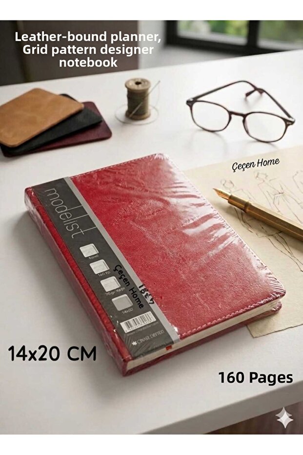 Medium Size Leather Cover Agenda Notebook, Checkered Modelist Notebook Checkered Agenda (160 Sheets - 14X20Cm - 70 Gr. Paper)