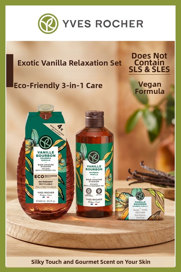 Exotic Vanilla Extract Vegan Shower Set 600 ml Refill + 400 ml Gel + 80 Gr Solid Soap