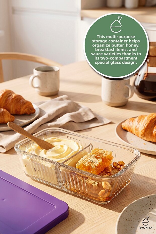 Compartmented Glass Storage Container with Lid, Breakfast Butter Container, Jam Container, Refrigerator Organizer