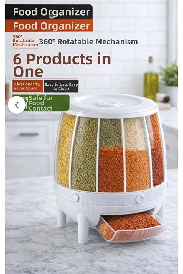 360 ° Rotating 6-Compartment Dry Food and Spice Organizer, Food and Spice Organizer Storage Container, Kitchen