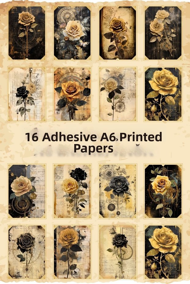16 Pieces of Antique Vintage Rose Themed Adhesive Scrapbook Paper Set Bullet Journal Decoupage Paper