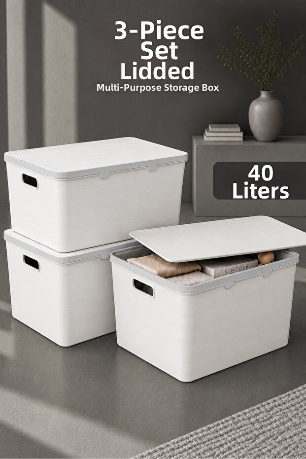 3-Piece Decorative Storage Box - Bathroom Kitchen Organizer with Lid, In-Cabinet Organizer 40Lt White