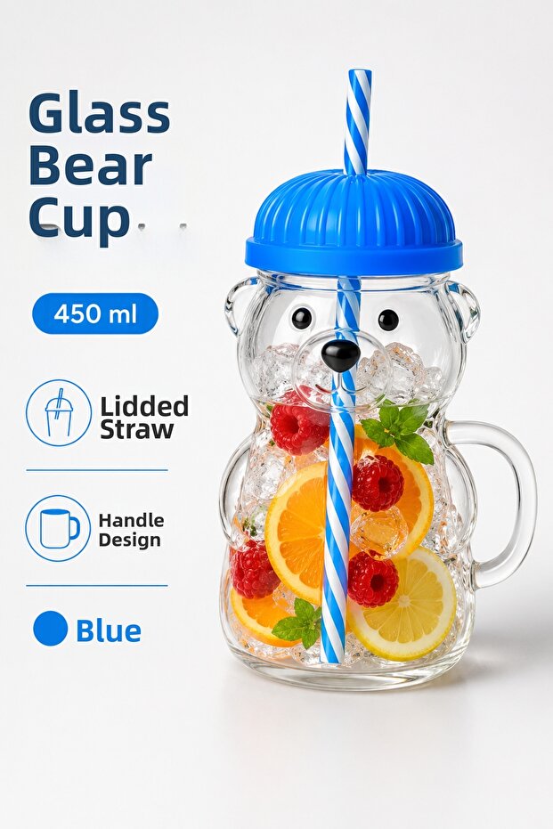 Magic Glass Teddy Bear Cup 450 ml Glass Mug with Lid and Straw and Bear Figure Drink Cup