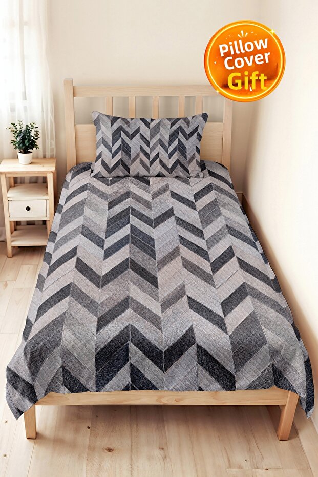 Gray Motif Geometric Young Room Single Pique Set - Anthracite Zigzag 160X220 cm Bedspread