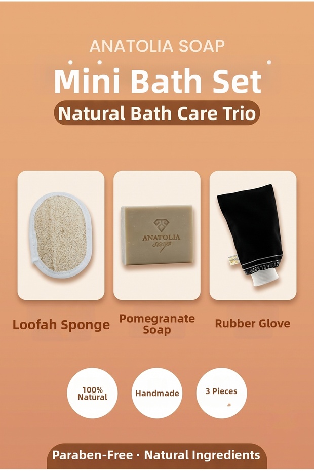 Mini Bath Set - Pumpkin Fiber Sponge + Elastic Pouch + Apricot Soap 3-Piece Natural Set