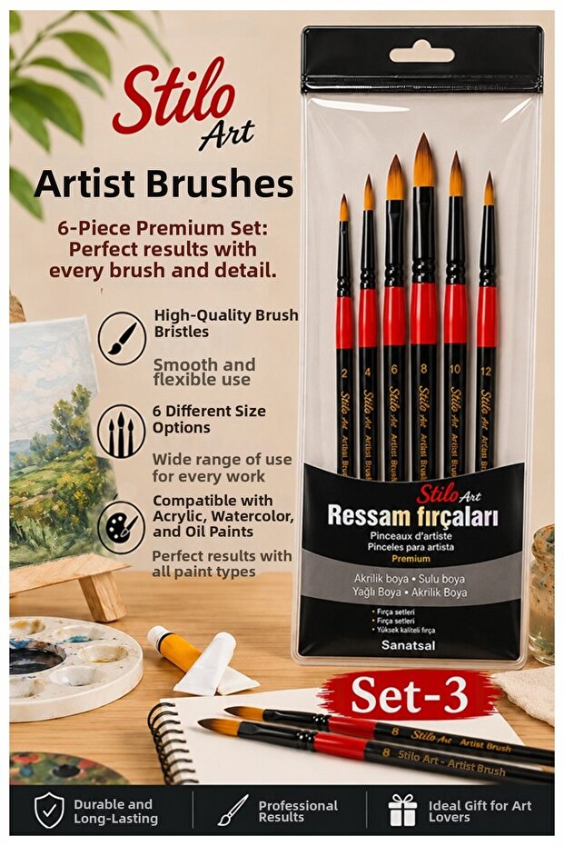 Professional Painting Brush Set 6-Piece Round 1 Pack Stilo Set 3 Synthetic Quality Painter Brush Set a