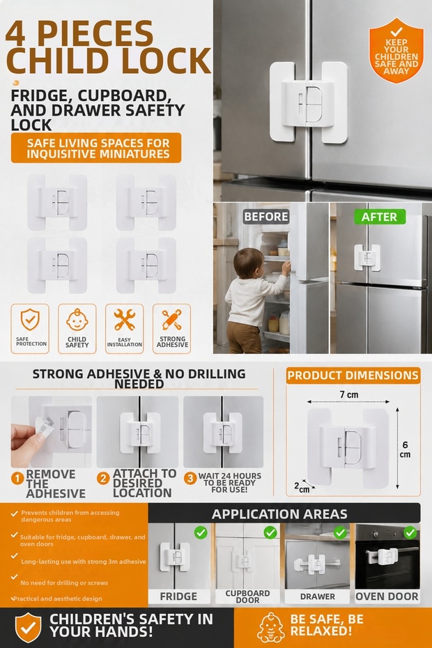 4 Child Locks | Refrigerator, Cabinet and Drawer Door Safety Lock | Adhesive Baby Child Safety Device