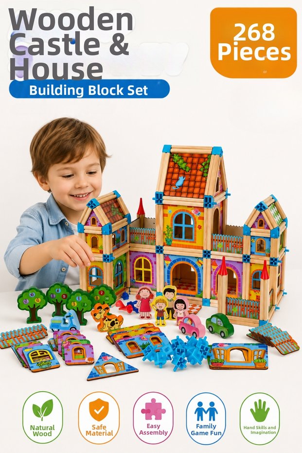 268 Piece Wooden Castle and House Building Set Educational Montessori Wooden Building Blocks