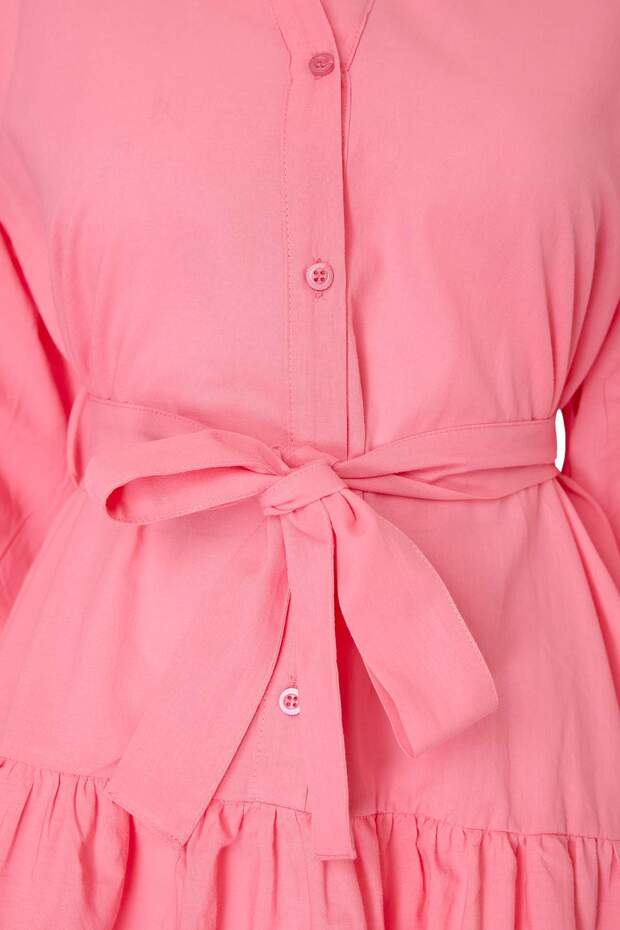 Pembe Dokuma Kuşaklı %100 Pamuk Plaj Mini Elbise TBESS25EL00034 - 5