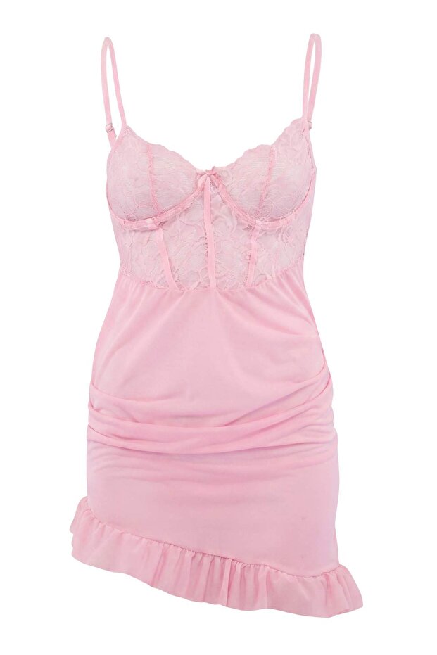 Pembe Büzgülü İp Askılı Külotlu Babydoll/Fantezi Gecelik THMAW26LL00014 - 3