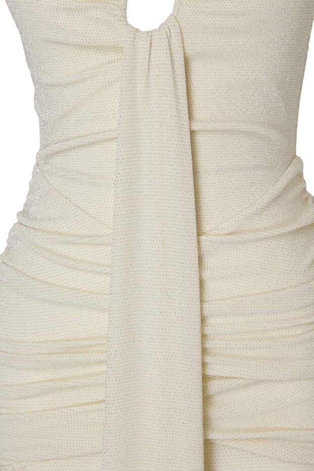 Ekru Simli Drape Dekolte Detaylı Astarlı Maxi Abiye & Mezuniyet Elbisesi TPRSS26AE00153 - 10