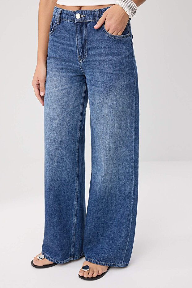 Premium Orta Mavi Özel Kumaş DÖKÜMLÜ Yüksek Bel %100 Pamuk Wide Leg Jeans TWOSS26JE00136 - 4
