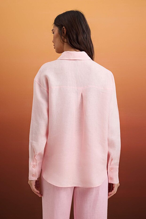Pembe % 100 Keten Cep Detaylı Oversize Gömlek TWOSS26GO00039 - 4