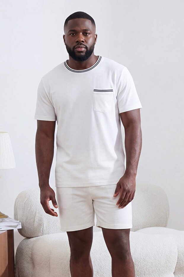 Ekru Büyük Beden Regular/Normal Kesim Cep ve Triko Bant Detaylı T-Shirt TMNSS25BF00027 - 2