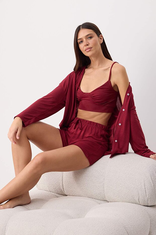 Bordo 3'lü Bra'lı Örme Pijama Takımı THMSS26PT00085 - 2