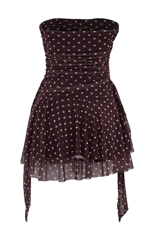 Kahverengi Straplez Puantiyeli Kısa / Mini Elbise TPRSS26EL00279 - 7