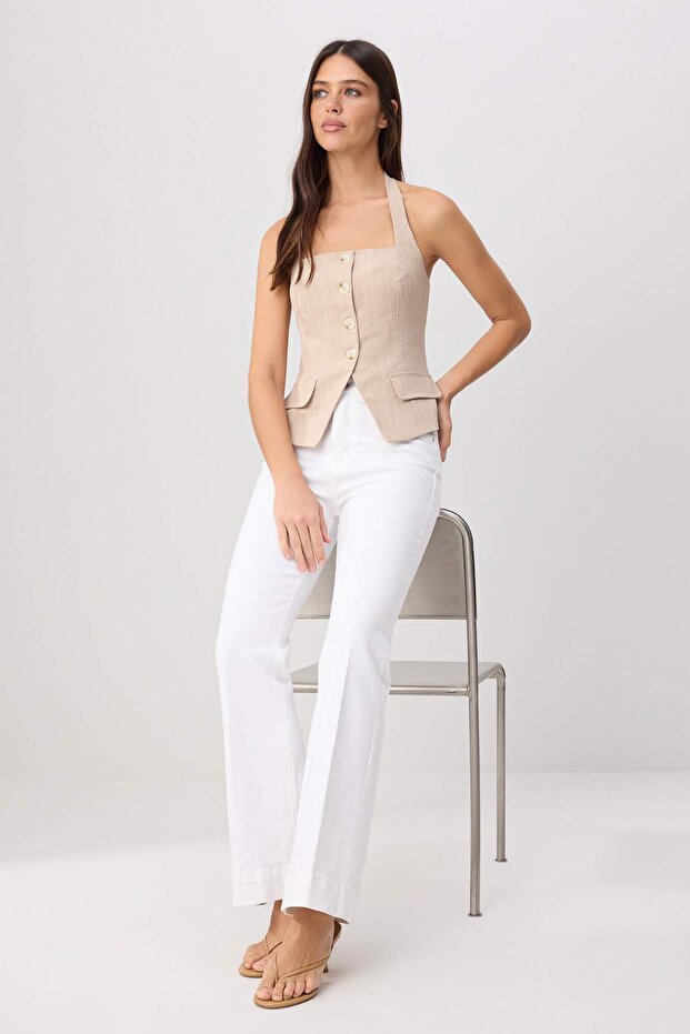 Beyaz Yüksek Bel Ütü İzli Az Esnek Wide Leg Jeans TWOSS26JE00191 - 1