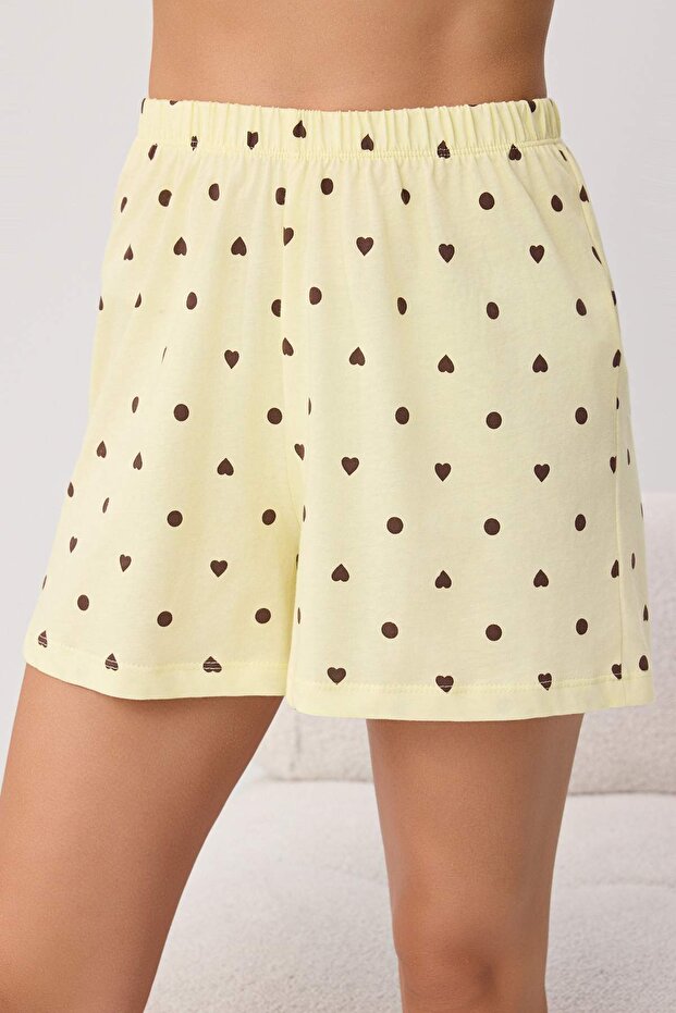 Sarı %100 Pamuklu Puantiyeli ve Kalpli Şortlu Örme Pijama Takımı THMSS21PT1485 - 3